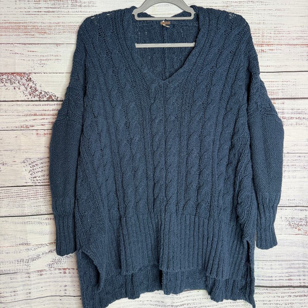 Free People Womens Small Blue Cable Knit Oversized Sweater Tunic Cotton Boho